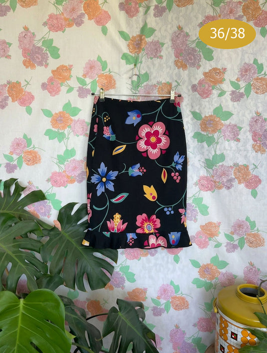 00's Black Floral Skirt