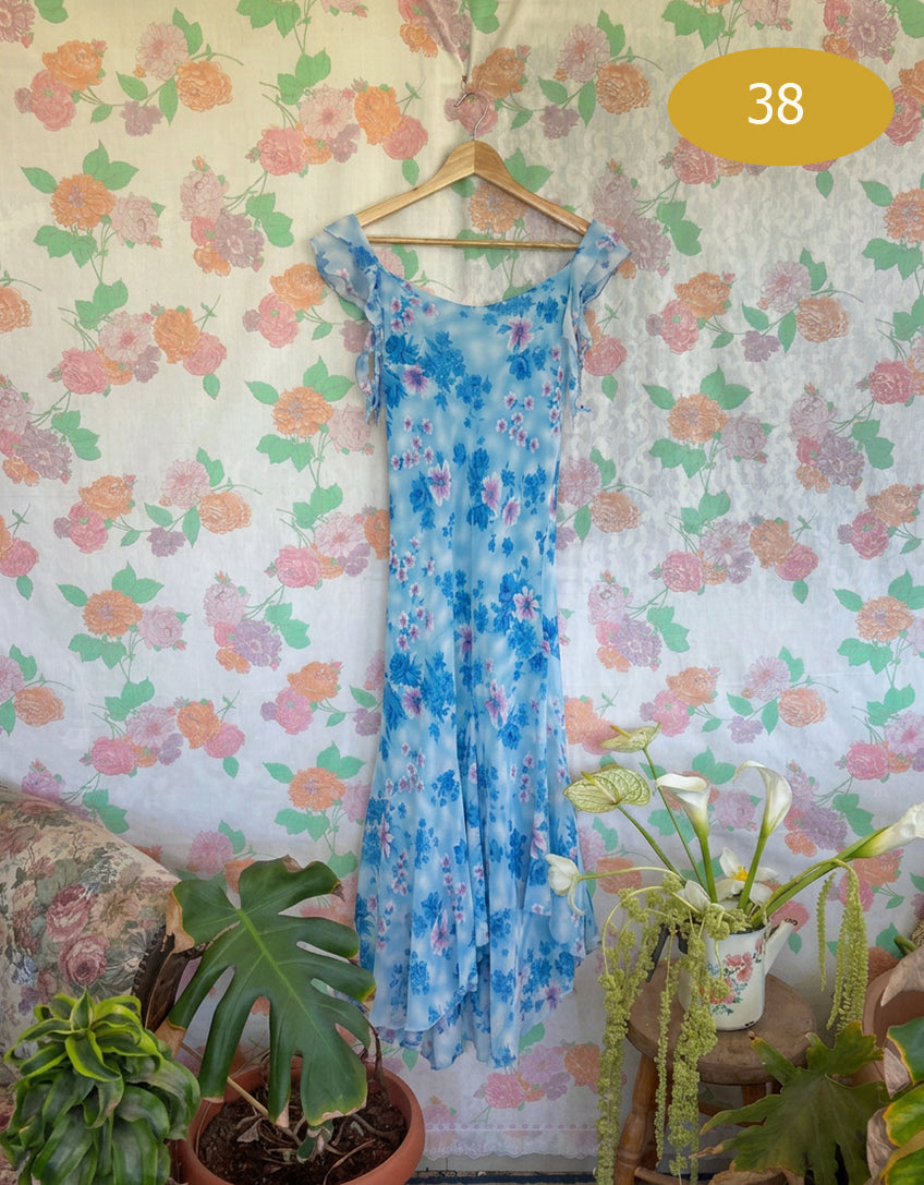 90's Blue Floral Asymmetric Dress