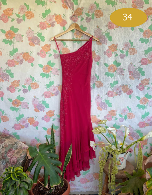 00's Pink One-Shoulder Beaded Evening Dress