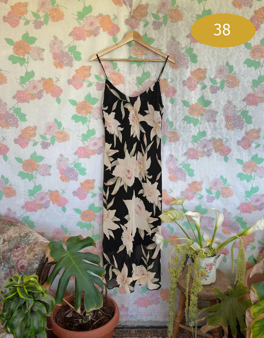 90's Black Floral Slip Dress