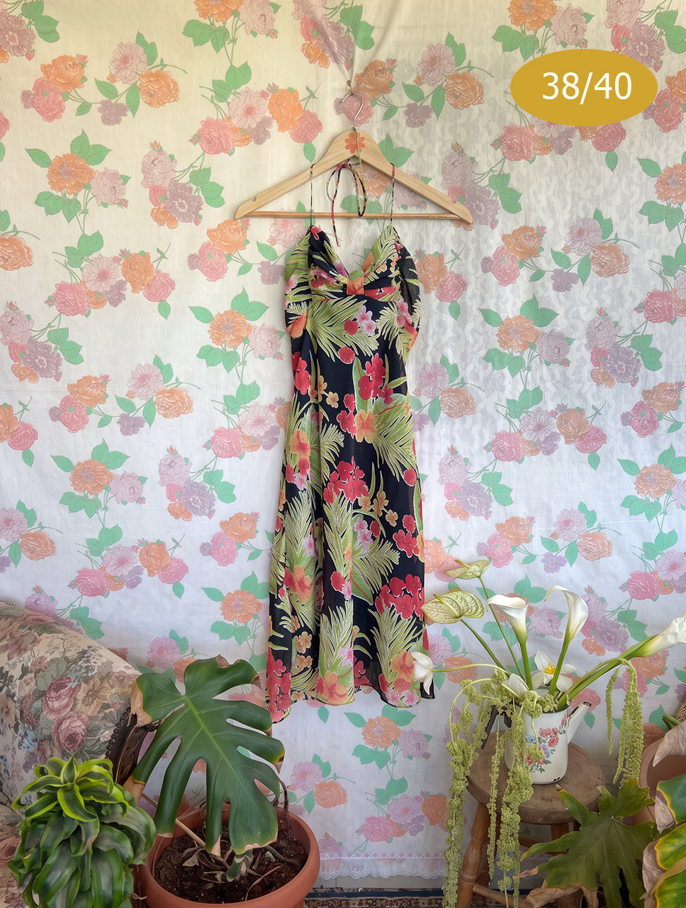 90's Black Open Back Floral Dress