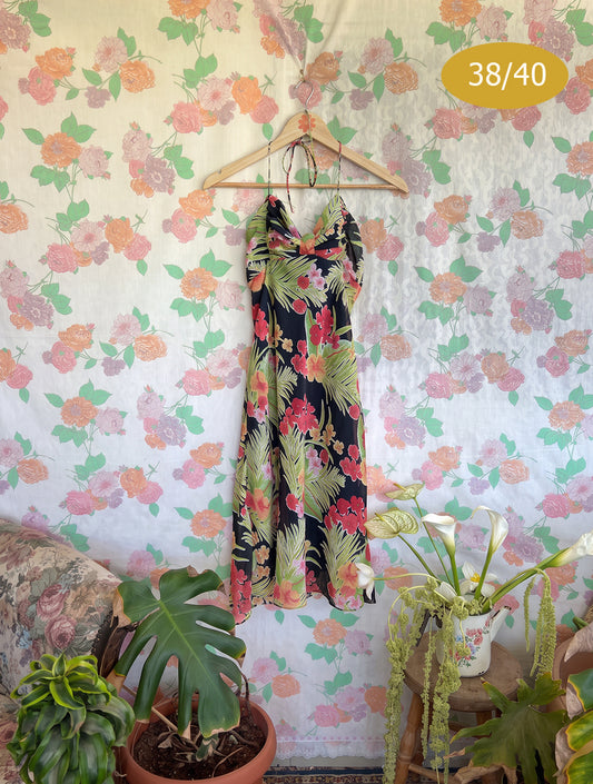 90's Black Open Back Floral Dress