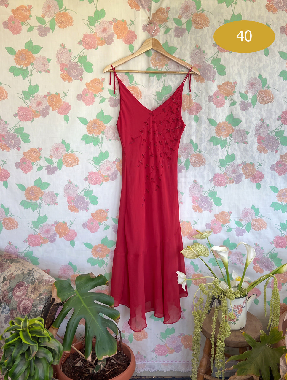 90's Red V-Neck Beaded Dress